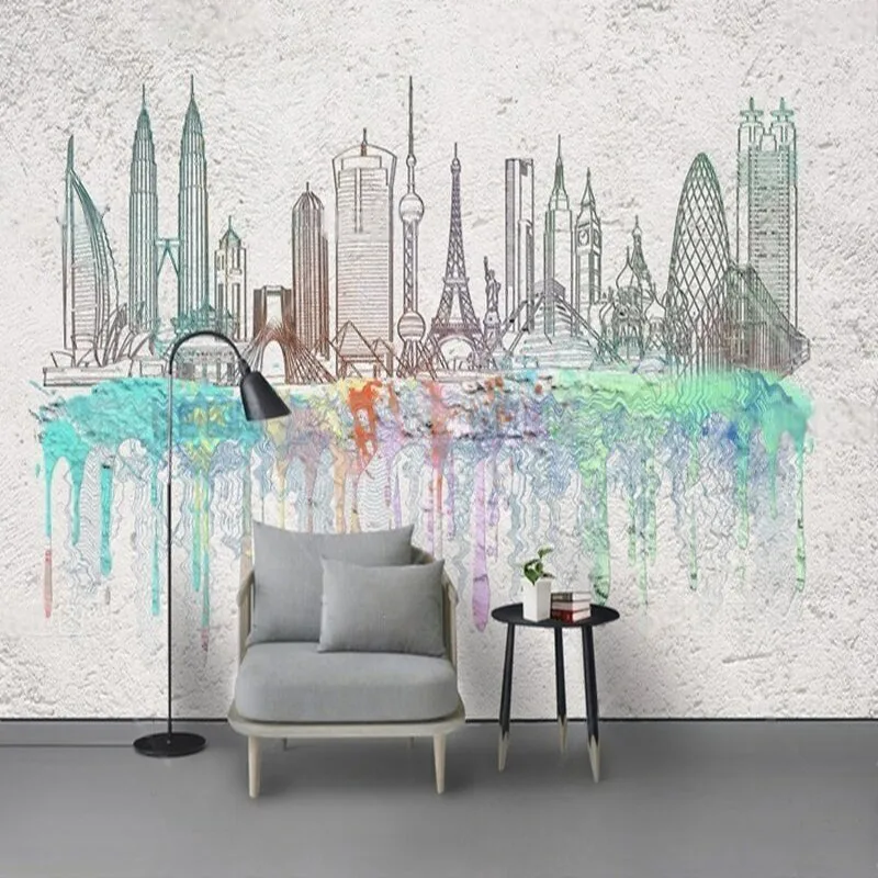Commercial Wallpaper Printing - Silhouettes de ville aquarelle modernes, décoration